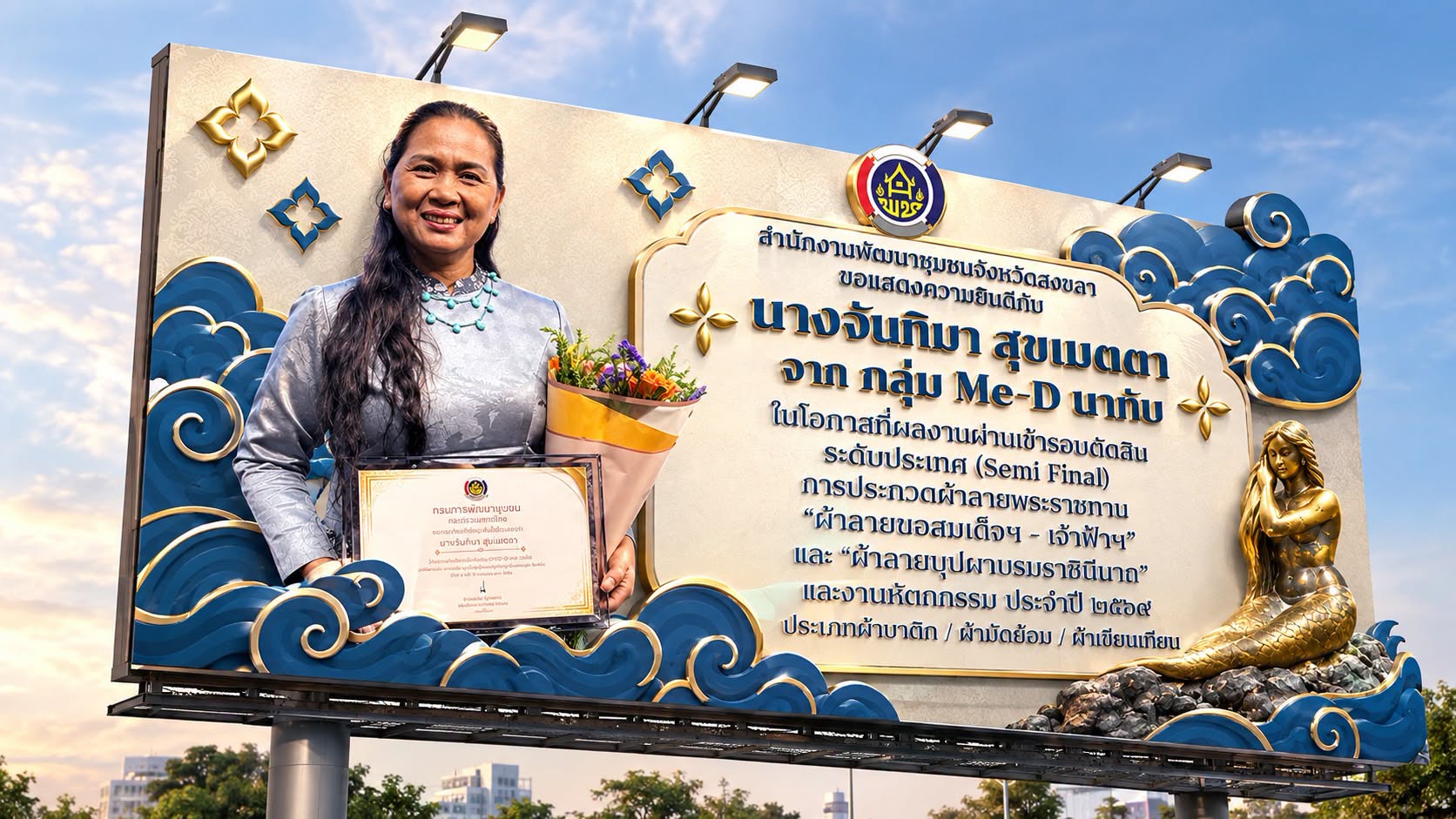 🧜‍    พช.สงขลา ขอแสดงความยินดีกับ "จันทิมา สุขเมตตา" กลุ่ม Me-D นาทับ ผ้าบาติกสงขลาผ่านเข้ารอบตัดสินระดับประเทศ (Semi Final) การประกวดผ้าลายพระราชทานฯ ประจำปี 2569